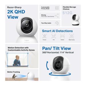 Tapo-TP Link Telecamera di sorveglianza 2K QHD Smart AI Wi-Fi Pan/Tilt Indoor