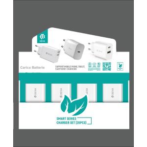 Devia Espositore caricabatterie da muro 20 pezzi 5pz USB A+A - 5pz Tipo-C - 10pz C+A