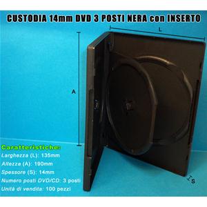 CUSTODIA 14mm DVD TRIPLA NERA con 1 inserto Conf.100pz