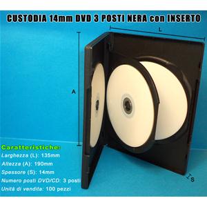 CUSTODIA 14mm DVD TRIPLA NERA con 1 inserto Conf.100pz