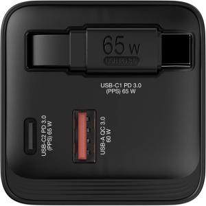 GaN Charger 65W 2 Port with Retractable cable US/EU/UK
