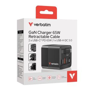 GaN Charger 65W 2 Port with Retractable cable US/EU/UK