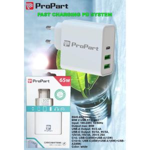 Caricatore da muro 65W 3 Uscite USB 2xA 1xC Modello EK-PD-06 bianco