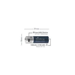 Batterie ricaricabili agli ioni di litio MediaRange USB-C, Mignon AA I 1.5VI 1.400mAh, confezione da 4