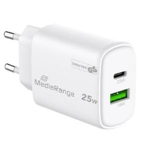 Caricatore da muro 25W rapido MediaRange GaN (spina UE), 1 porta USB-C e 1 porta USB-A, compatibile con USB-C® Power Delivery e Quick Charge™, bianco.
