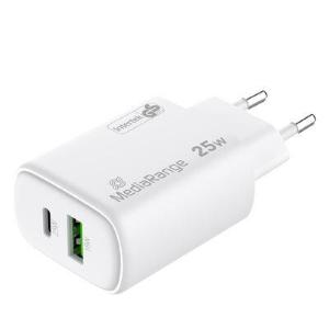 Caricatore da muro 25W rapido MediaRange GaN (spina UE), 1 porta USB-C e 1 porta USB-A, compatibile con USB-C® Power Delivery e Quick Charge™, bianco.