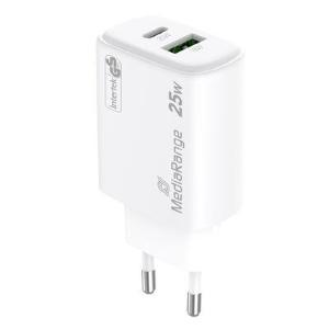 Caricatore da muro 25W rapido MediaRange GaN (spina UE), 1 porta USB-C e 1 porta USB-A, compatibile con USB-C® Power Delivery e Quick Charge™, bianco.