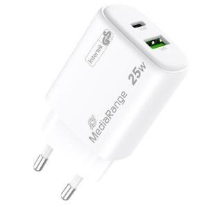 Caricatore da muro 25W rapido MediaRange GaN (spina UE), 1 porta USB-C e 1 porta USB-A, compatibile con USB-C® Power Delivery e Quick Charge™, bianco.