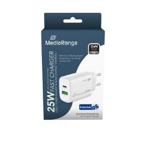 Caricatore da muro 25W rapido MediaRange GaN (spina UE), 1 porta USB-C e 1 porta USB-A, compatibile con USB-C® Power Delivery e Quick Charge™, bianco.