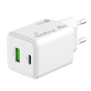 Adattatore di ricarica rapida MediaRange GaN da 45 W (spina UE), 1 porta USB-C e 1 porta USB-A, compatibile con USB-C® Power Delivery e Quick Charge™, bianco.