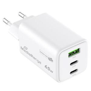 Adattatore di ricarica rapida MediaRange GaN da 65 W (spina UE), 2 porte USB-C e 1 porta USB-A, compatibile con USB-C® Power Delivery e Quick Charge™, bianco.