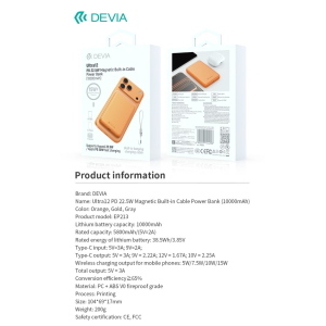 Devia Power Bank Ultra12 10000mAh PD 22.5W Magnetico con Cavo Tipo-C Integrato Gold