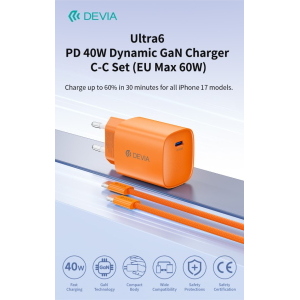 Devia Ultra6 GaN Fast Charger PD 40W / EU 60W â€" Con Cavo incluso USB-C Ricarica Rapida Arancio