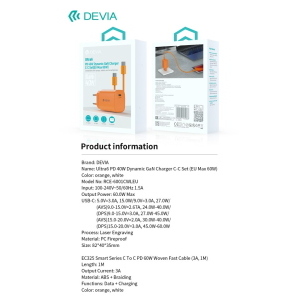 Devia Ultra6 GaN Fast Charger PD 40W / EU 60W â€" Con Cavo incluso USB-C Ricarica Rapida Arancio