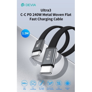 Devia Cavo di ricarica rapida piatto in metallo intrecciato Ultra3 C-C PD 240W (1,5 m) Arancio