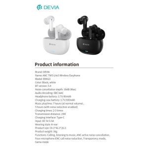 Devia Auricolari wireless ANC TWS Lite3 Bluetooth 5.4 Neri