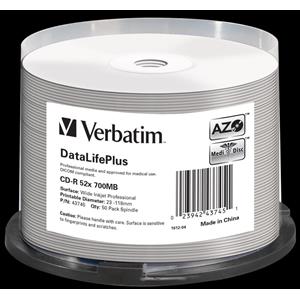 CD-R 700MB 52x Cake 50pz VERBATIM Pro Azo InkJet Bianca 23–118 MED