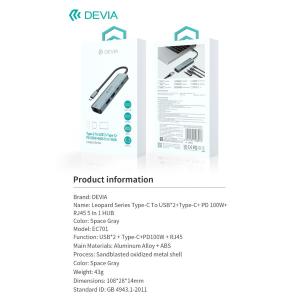 Devia HUB 5 in 1 da tipo C a USB*2+tipo C+PD 100 W+RJ45 serie Leopard